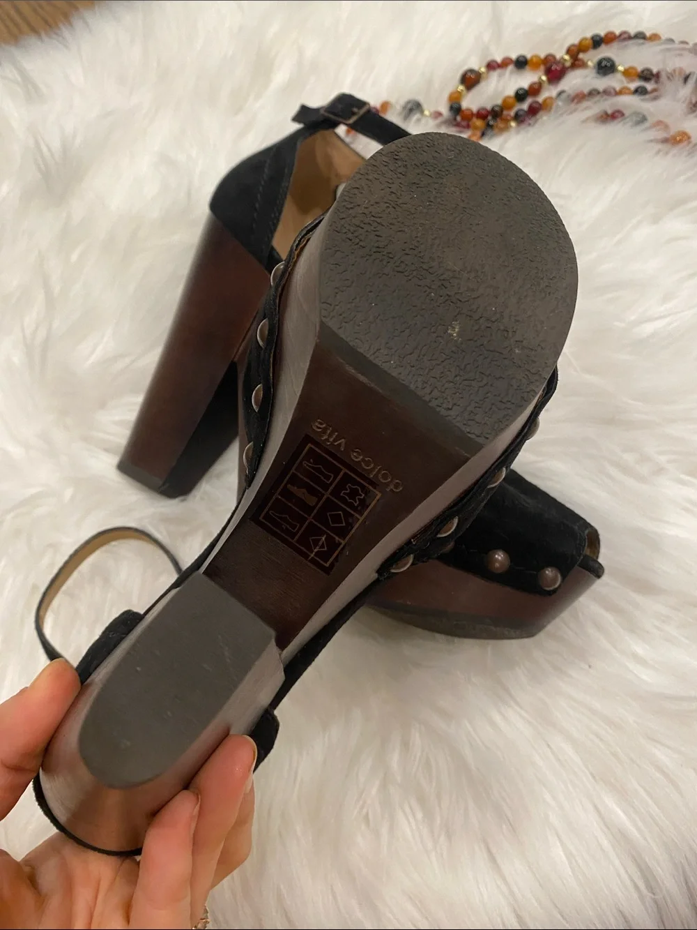 Black Suede Studded Platform Ankle-Strap Heels